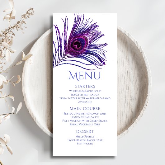 Peacock Feather Chic Glitter Paars Bat Mitzvah Menu