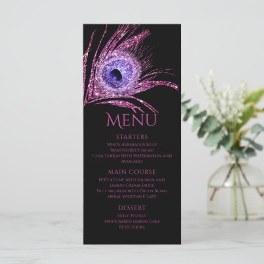 Peacock Feather Chic Glitter Pink Bat Mitzvah Menu (Staand voorkant)