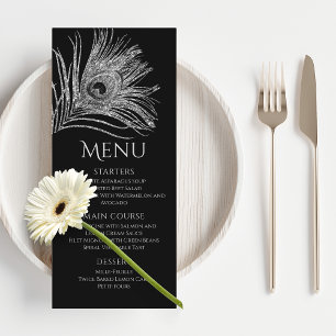 Peacock Feather Chic Glitter Silver Bat Mitzvah Menu