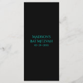 Peacock Feather Chic Glitter Turquoise Bat Mitzvah Menu (Achterkant)