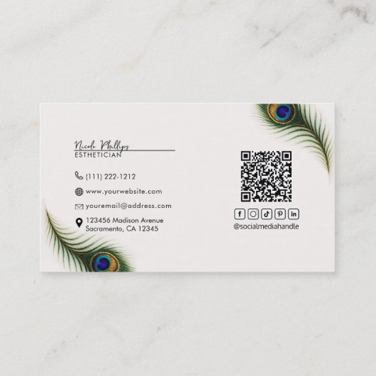 Peacock Feather Cream Boho Elegant Visitekaartje (Achterkant)
