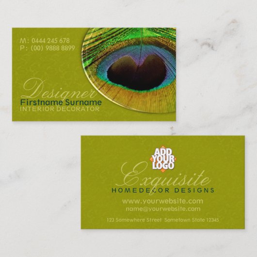 Peacock Feather Damask Home Dector Designer Visitekaartje (Voorkant / Achterkant)