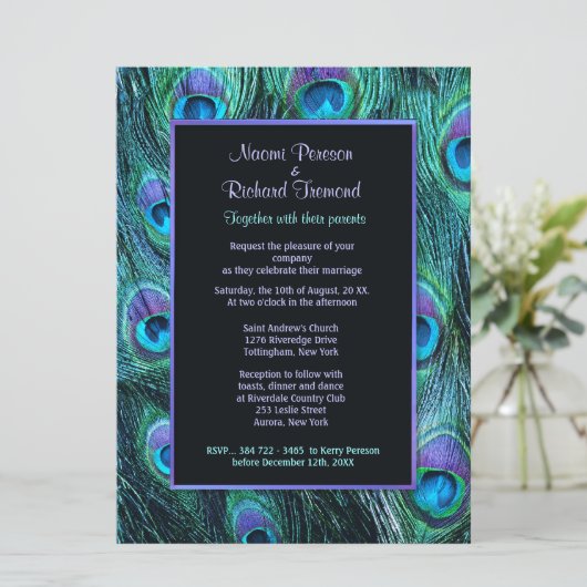 Peacock Feather Drama 6.5 "x 8 bruiloft uitnodigin Kaart (Staand voorkant)