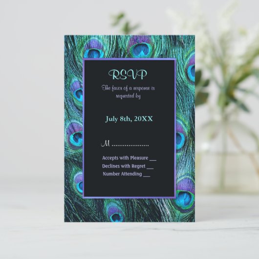 Peacock Feather Drama bruiloft uitnodiging - RSVP (Staand voorkant)