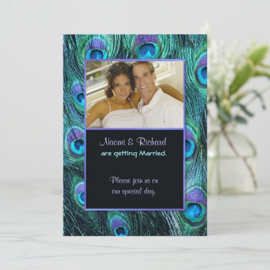 Peacock Feather Drama - Foto bruiloft uitnodiging (Staand voorkant)