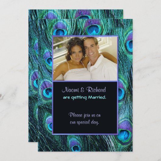 Peacock Feather Drama - Foto bruiloft uitnodiging (Voorkant / Achterkant)