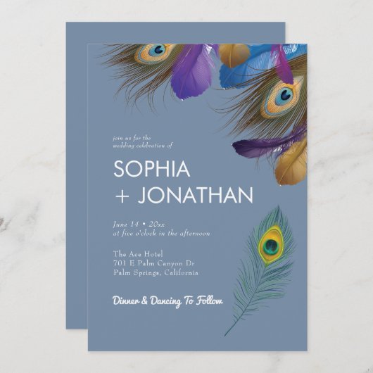 Peacock Feather Dusty Blue Wedding Modern Chic Kaart (Voorkant / Achterkant)