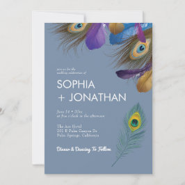 Peacock Feather Dusty Blue Wedding Modern Chic Kaart