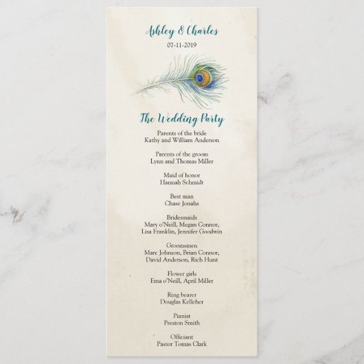 Peacock Feather Elagant Blauwgroen Bruiloft Programmakaart (Voorkant)