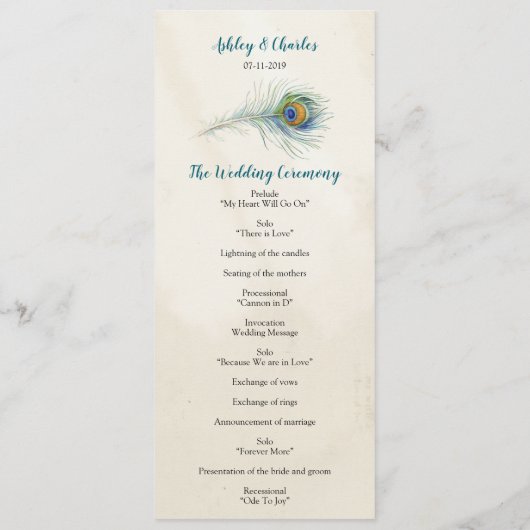  Peacock Feather Elagant Blauwgroen Bruiloft Programmakaart (Achterkant)