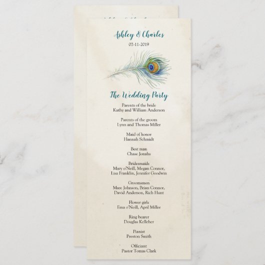  Peacock Feather Elagant Blauwgroen Bruiloft Programmakaart (Voorkant / Achterkant)