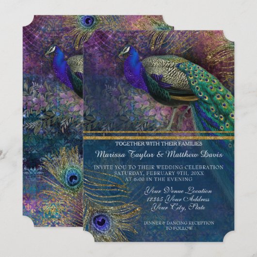 Peacock Feather Elegant Gold Winter Wedding Invit Kaart (Voorkant / Achterkant)