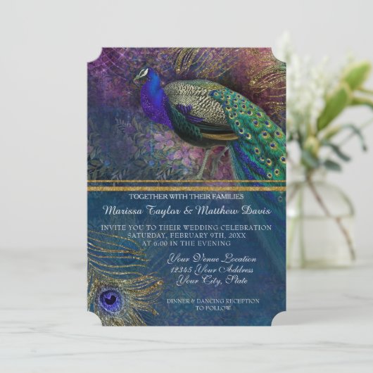 Peacock Feather Elegant Gold Winter Wedding Invit Kaart (Staand voorkant)