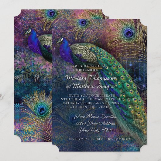 Peacock Feather Elegant Gold Winter Wedding Kaart (Voorkant / Achterkant)