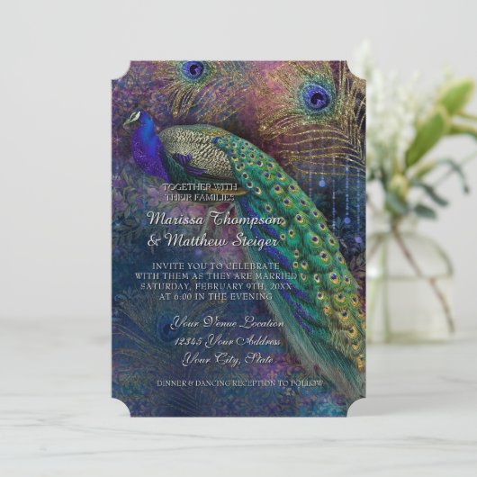 Peacock Feather Elegant Gold Winter Wedding Kaart (Staand voorkant)