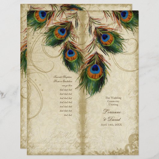Peacock & Feather Elegant Matching Wedding Program (Voorkant / Achterkant)