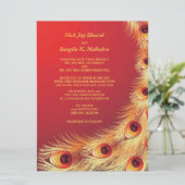 Peacock Feather Elegant Red Wedding Invitation Kaart (Staand voorkant)