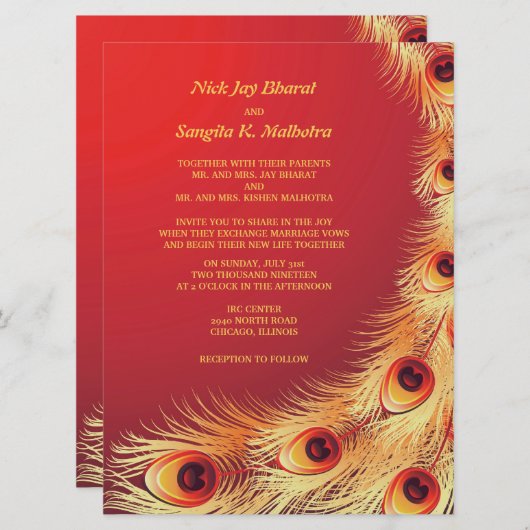 Peacock Feather Elegant Red Wedding Invitation Kaart