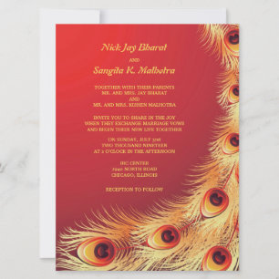 Peacock Feather Elegant Red Wedding Invitation Kaart