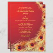 Peacock Feather Elegant Red Wedding Invitation Kaart (Voorkant / Achterkant)