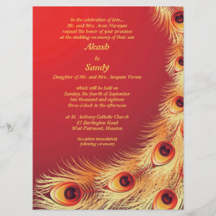 Peacock Feather Elegant Red Wedding Invitation Kaart