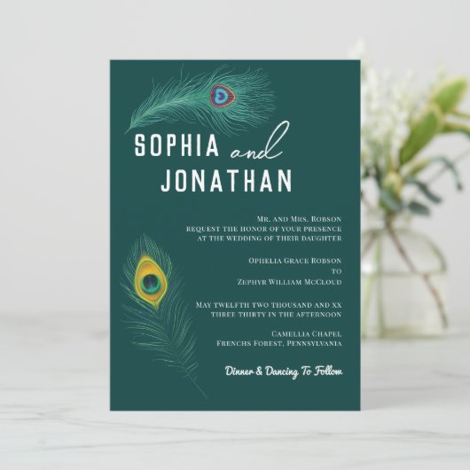 Peacock Feather Emerald Green Wedding Modern Chic Kaart (Staand voorkant)
