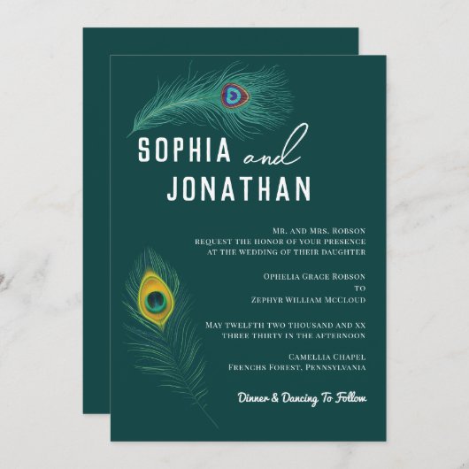 Peacock Feather Emerald Green Wedding Modern Chic Kaart (Voorkant / Achterkant)