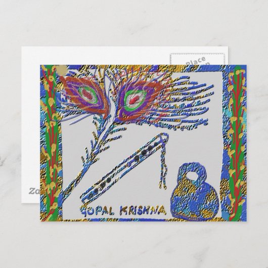 Peacock Feather en Flute - Hare Krishna Briefkaart (Voorkant / Achterkant)