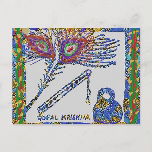Peacock Feather en Flute - Hare Krishna Briefkaart (Voorkant)
