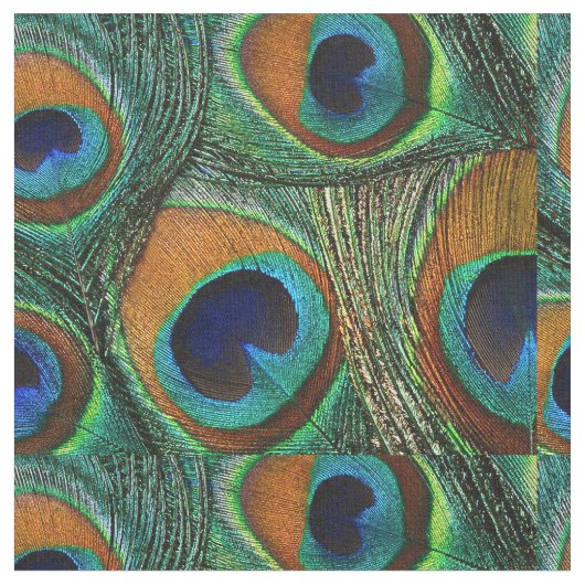 Peacock Feather Fabric - Tan, Aqua, Blue, Green Stof (Close Up)