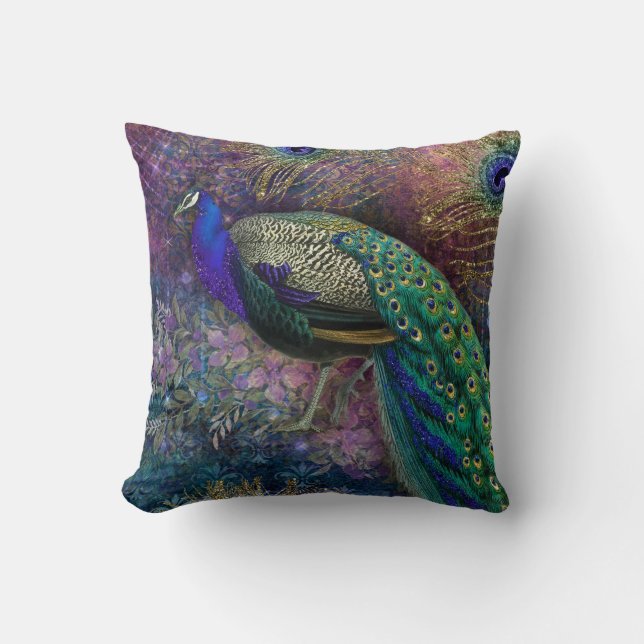  Peacock Feather Floral Blauwgroen Navy Gold Kussen (Voorkant)