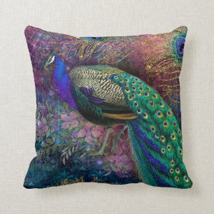 Peacock Feather Floral Blauwgroen Navy Gold Kussen