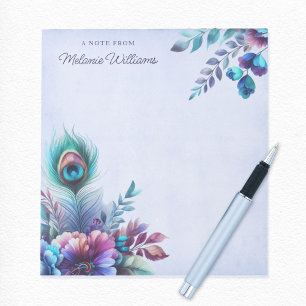 Peacock Feather Floral Waterverf gepersonaliseerd Notitieblok