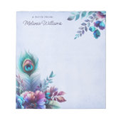 Peacock Feather Floral Waterverf gepersonaliseerd Notitieblok (Voorkant)