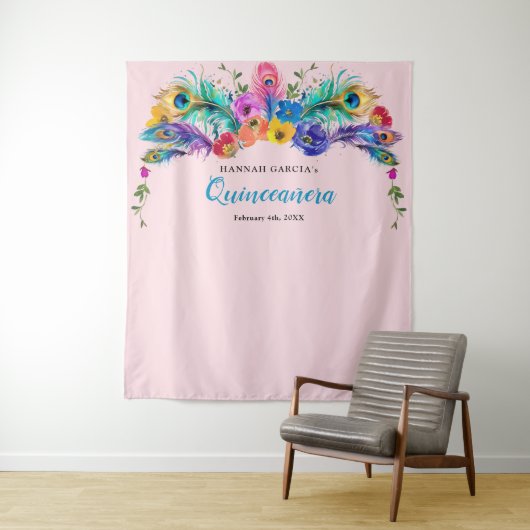 Peacock Feather Flowers Quinceañera foto achtergro Wandkleed (In situ)