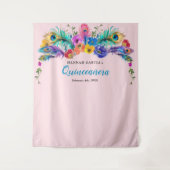 Peacock Feather Flowers Quinceañera foto achtergro Wandkleed (Voorkant)