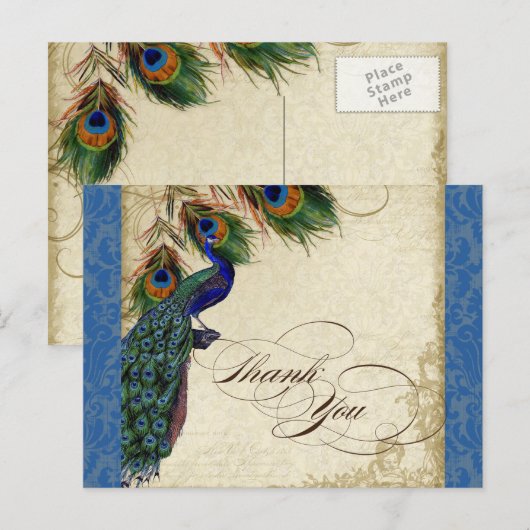 Peacock & Feather Formal Thank You Note Royal Blue Briefkaart (Voorkant / Achterkant)
