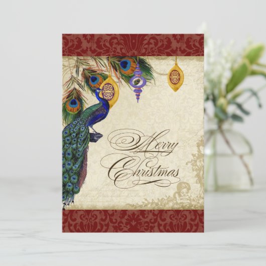 Peacock & Feather Formele Kerst Ornament Kaart (Staand voorkant)