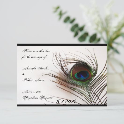 Peacock Feather Glamor Save the Date (Staand voorkant)