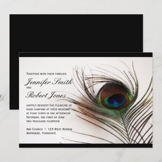 Peacock Feather Glamor Wedding Invitation Kaart (Voorkant / Achterkant)