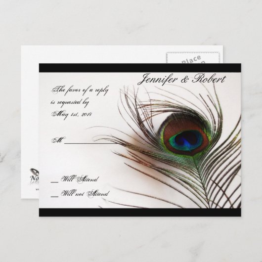 Peacock Feather Glamour RSVP-Briefkaart Uitnodiging Briefkaart (Voorkant / Achterkant)