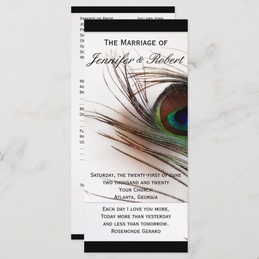 Peacock Feather Glamour Wedding Program Programmakaart (Voorkant / Achterkant)