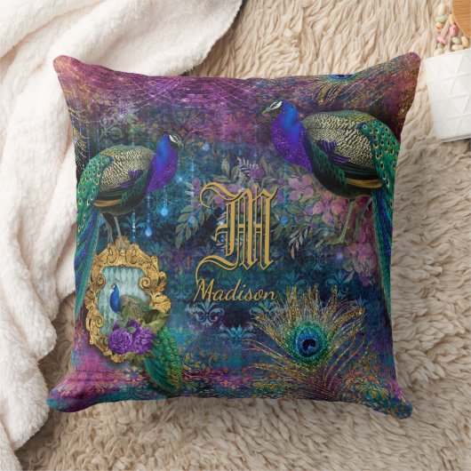 Peacock Feather Glitter Monogram Naam Kussen (Deken)