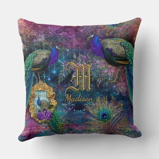 Peacock Feather Glitter Monogram Naam Kussen (Achterkant)