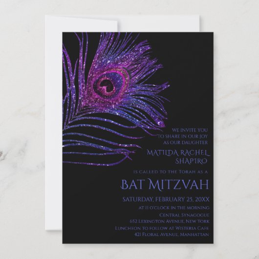 Peacock Feather Glitter Paars Bat Mitzvah Logo Kaart (Voorkant)