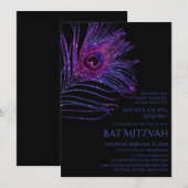 Peacock Feather Glitter Paars Bat Mitzvah Logo Kaart (Voorkant / Achterkant)