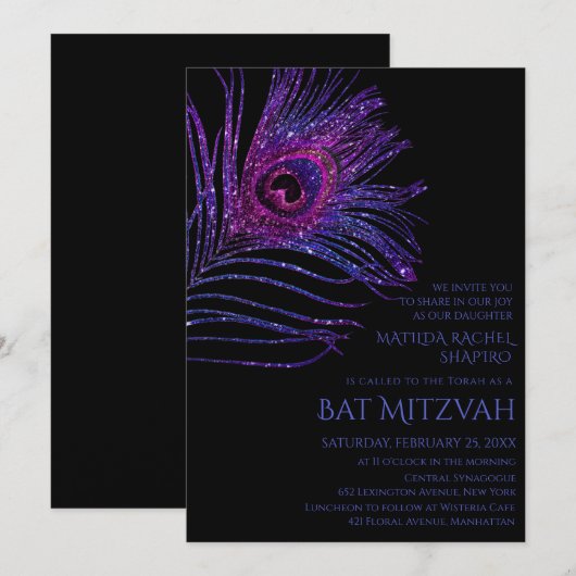 Peacock Feather Glitter Paars Bat Mitzvah Logo Kaart (Voorkant / Achterkant)