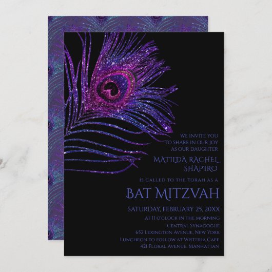 Peacock Feather Glitter Paars Bat Mitzvah Logo Kaart (Voorkant / Achterkant)