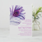 Peacock Feather Glitter Paars Bat Mitzvah Logo Kaart (Staand voorkant)