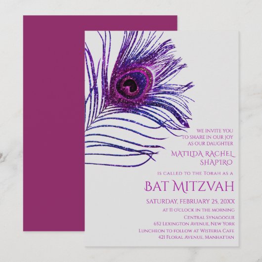Peacock Feather Glitter Paars Bat Mitzvah Logo Kaart (Voorkant / Achterkant)